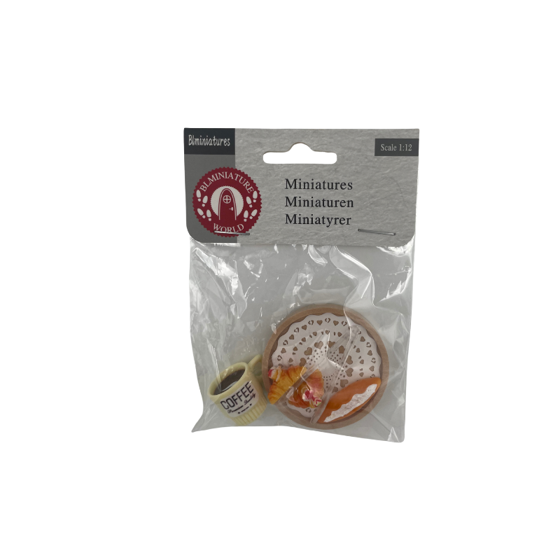 BLMINIATURES 1:12 Scale Dollhouse Miniature Coffee Cup with Lace Tray, Croissant & Pastry, Realistic Resin Breakfast Set for Dollhouse Kitchen, Fairy Garden, Christmas Elf Gnome & Diorama
