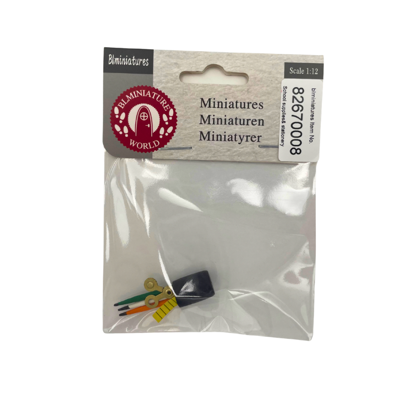 BLMINIATURES 1:12 - 1" Scale Dollhouse Miniature School Supplies & Stationery Miniature Pencil Holder (Pen Cup) with Colored Pens & Ruler