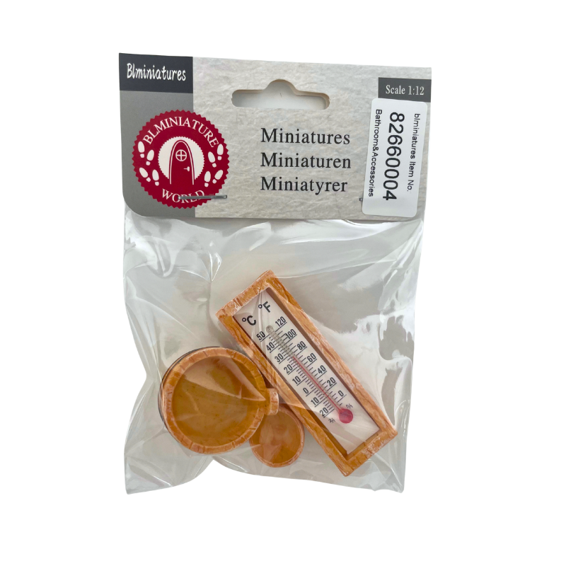 BLMINIATURES 1:12 - 1" Scale Bathroom Miniature Wooden Thermometer with Wooden Bowls (Set of 3)