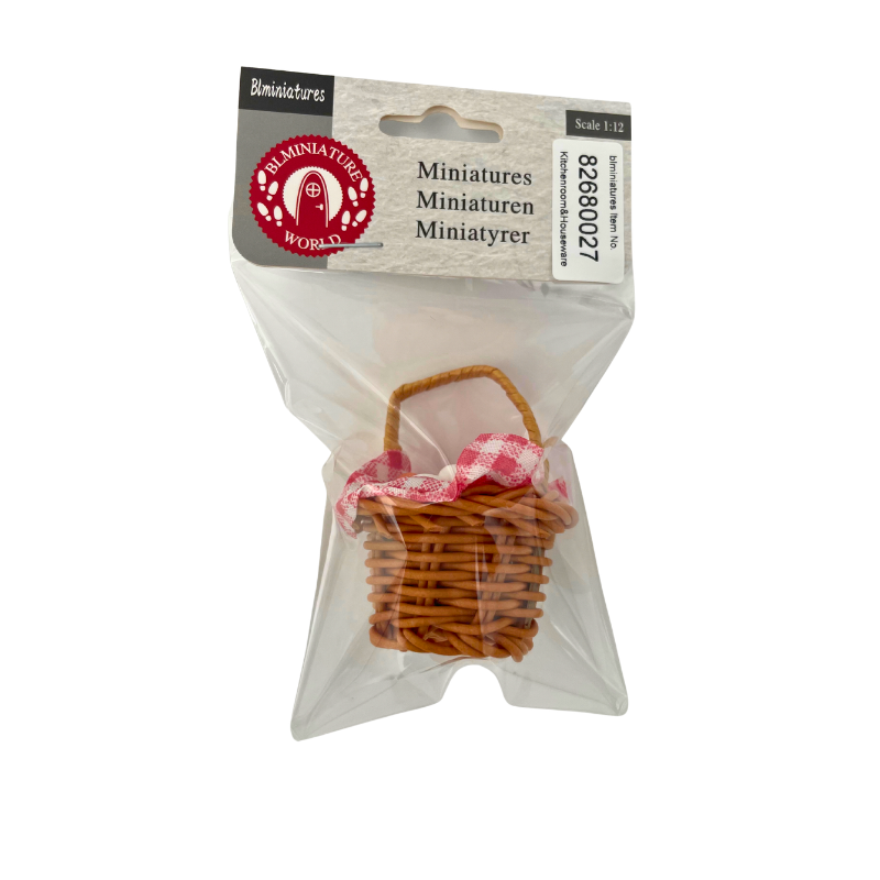 BLMINIATURES 1:12 - 1" Scale Kitchen Miniature Woven Basket with Handle and Checkered Cloth