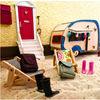 BLMINIATURES 1:12 - 1" Scale Dollhouse Miniature Season Decoration Christmas Beachside Elf Door Scene with Red Door, Camper Trailer, Lounge Chairs & Rain Boots