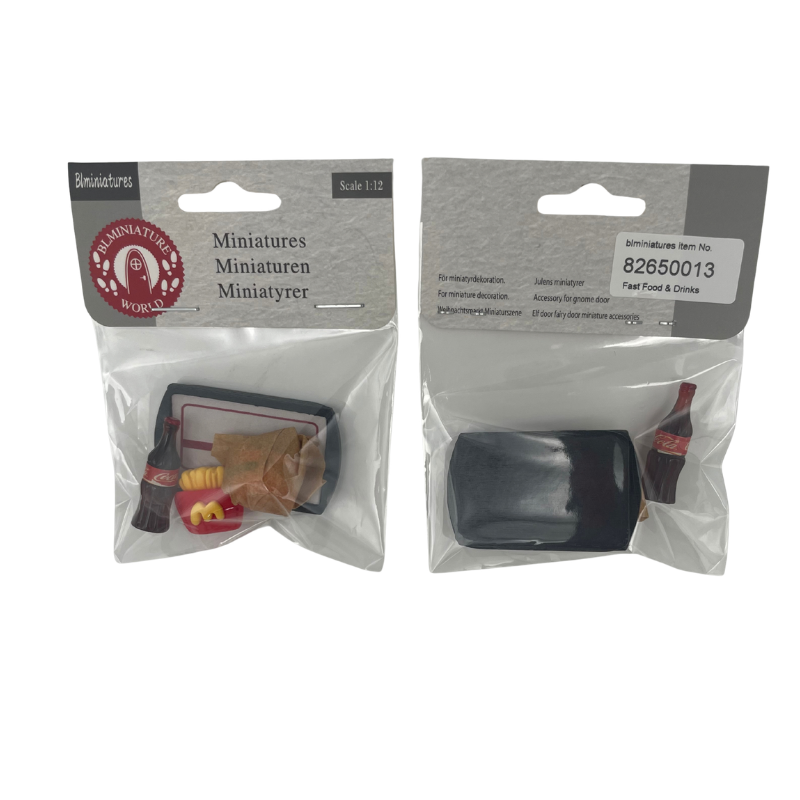 BLMINIATURES 1:12 Scale Dollhouse Miniature Fast Food Set, 1PC Cola Bottle, French Fries & Black Lunch Box on Tray, Realistic Play Food for Dollhouse Kitchen, Fairy Garden, Christmas Elf Gnome & Diorama