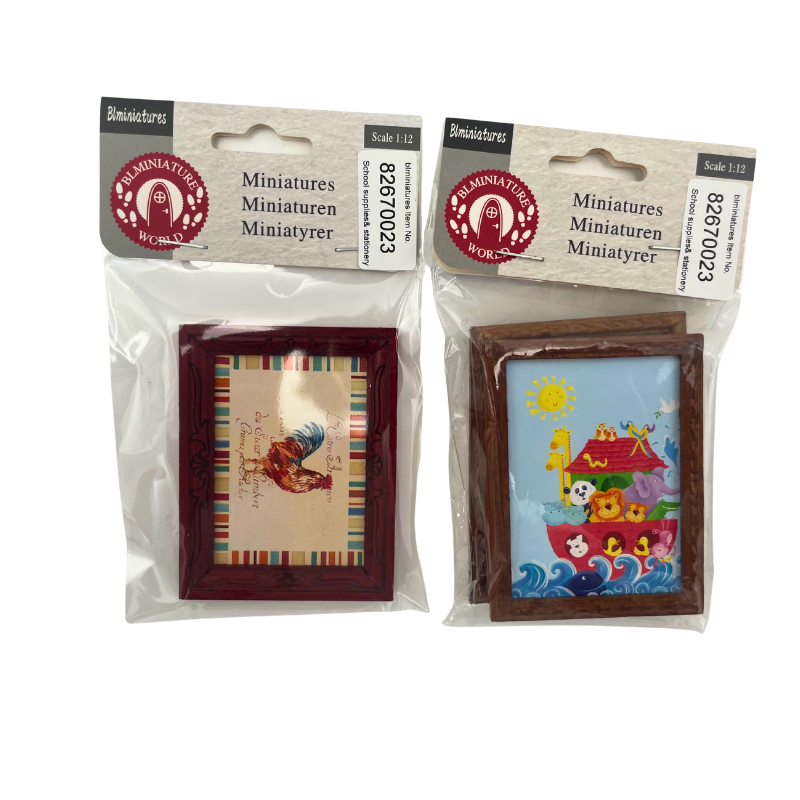 BLMINIATURES 1:12 - 1" Scale Dollhouse Miniature School Supplies & Stationery Set of 2 Miniature Picture Frames (Wine-Red Rooster Frame & Brown Noah's Ark Frame)