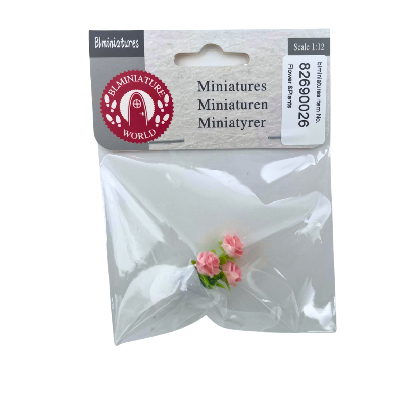 BLMINIATURES 1:12 - 1" Scale Dollhouse Miniature Pink Roses with Green Leaves (Set of 3)