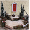 BLMINIATURES 1:12 - 1" Scale Dollhouse Miniature Season Decoration Christmas Miniature Red & White Elf Door Scene with Tree Stump Workbench, Tools, Snowy Pine Trees, Moss & Fence