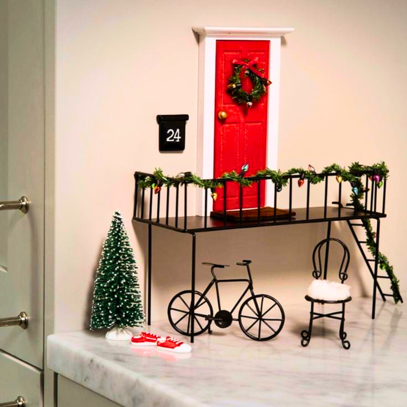 BLMINIATURES 1:12 - 1" Scale Dollhouse Miniature Season Decoration Christmas Miniature Red Elf Door with Wreath, Number 24 Sign, Iron Balcony, Bike, Chair & Sneakers Scene
