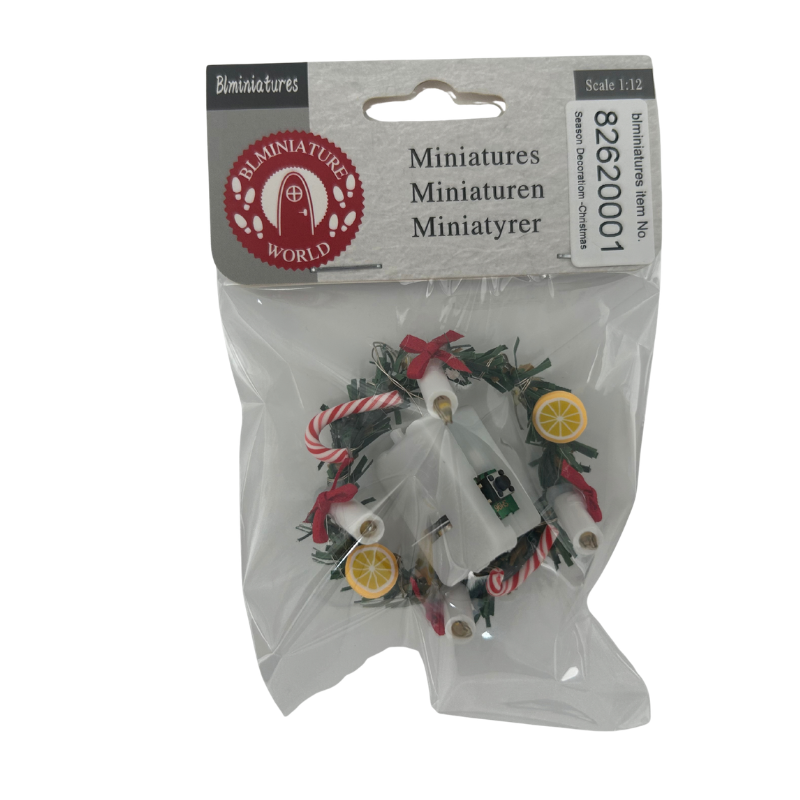 BLMINIATURES 1:12 - 1" Scale Dollhouse Miniature Season Decoration Christmas Miniature Christmas Wreath (Green Foliage with Candy Canes, Candles & Red Bow)