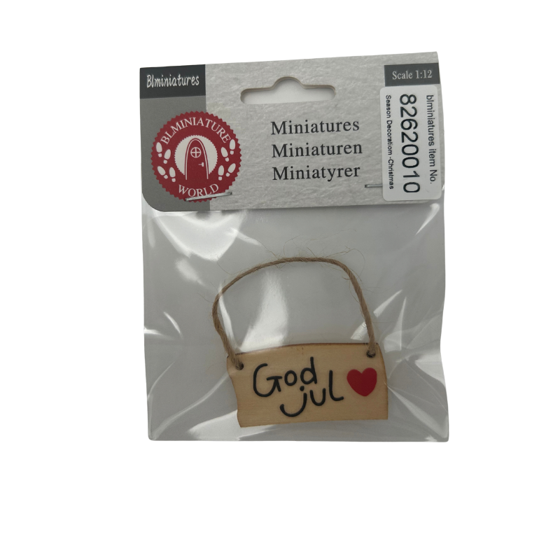 BLMINIATURES 1:12 - 1" Scale Dollhouse Miniature Season Decoration Christmas Miniature Wooden Christmas Ornament (God Jul with Heart, Hanging Rope)