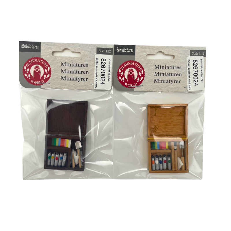 BLMINIATURES 1:12 - 1" Scale Dollhouse Miniature School Supplies & Stationery Set of 2 Miniature Wooden Artist Paint Boxes with Paint Tubes & Brushes