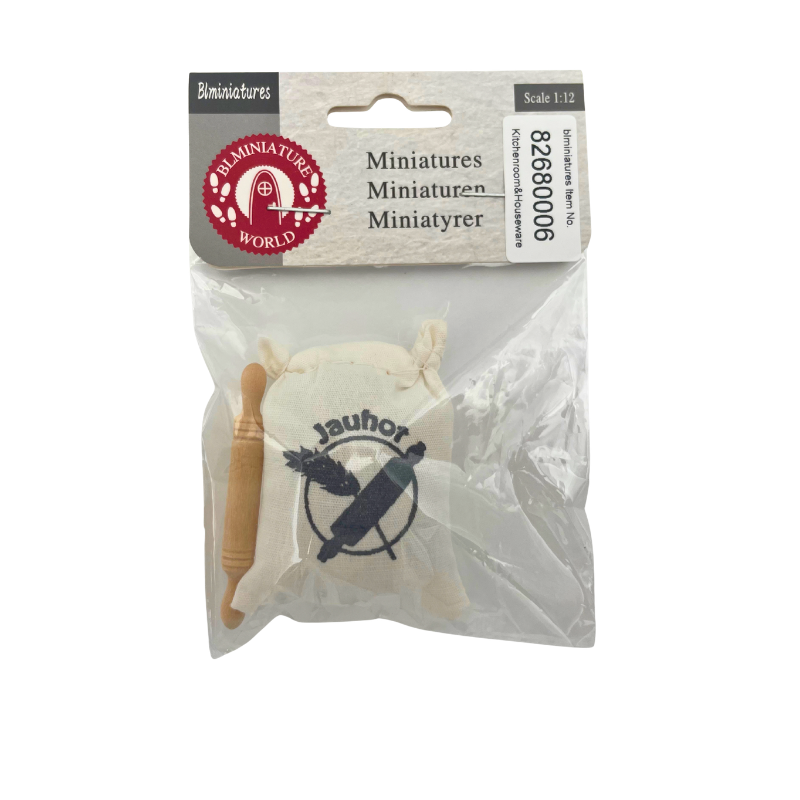 BLMINIATURES 1:12 - 1" Scale Kitchen Miniature Flour Sack with Wooden Rolling Pin