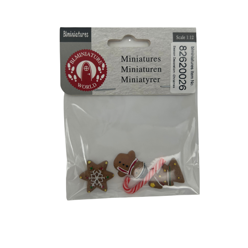 BLMINIATURES 1:12 - 1" Scale Dollhouse Miniature Season Decoration Christmas Set of 3 Miniature Gingerbread Decorations (Star, Gingerbread Man & Tree with Candy Canes)