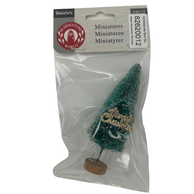 BLMINIATURES 1:12 - 1" Scale Dollhouse Miniature Season Decoration Christmas Miniature Christmas Tree (Green Flocked with Gold Merry Christmas Sign & Wooden Base)