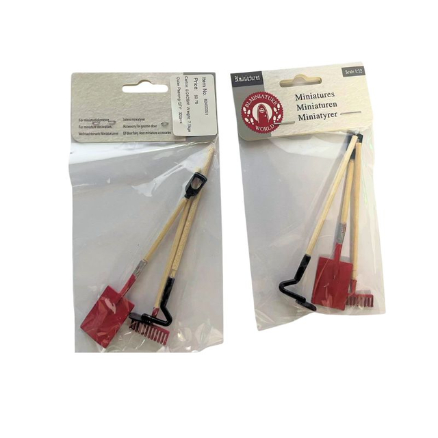 blminiatures 1:12 Scale Mini Garden Tool Set - 3pcs Shovel, Rake & Hoe with Wood Handles, Dollhouse & Gnome Door Accessories