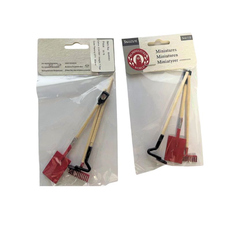blminiatures 1:12 Scale Mini Garden Tool Set - 3pcs Shovel, Rake & Hoe with Wood Handles, Dollhouse & Gnome Door Accessories