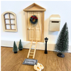 BLMINIATURES 1:12 - 1" Scale Dollhouse Miniature Season Decoration Christmas Miniature Wooden Elf Door with Gable Roof, Wreath, Window, Mailbox, Welcome Mat, Snowy Trees & Street Lamp