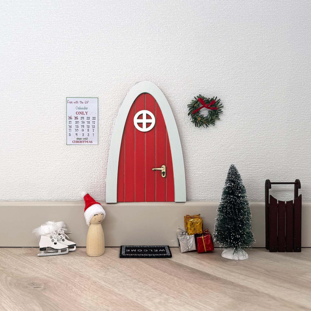 Tonttuovi Christmas Elf Door Kit - Wooden Elf Door for Wall with Elf Accessories, Miniature Christmas Tree,Sled, Wreath, Calendar for 24 Days Ideas of Traditional Elf Activities