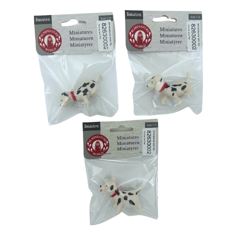 BLMINIATURES 1:12 - 1" Scale Dollhouse Miniature Animal & Pet Set of 3 Miniature Dalmatian Dogs (White with Black Spots, Red Collars)