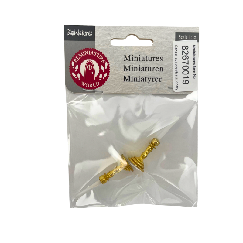BLMINIATURES 1:12 - 1" Scale Dollhouse Miniature School Supplies & Stationery Set of 2 Miniature Gold Candlestick Holders