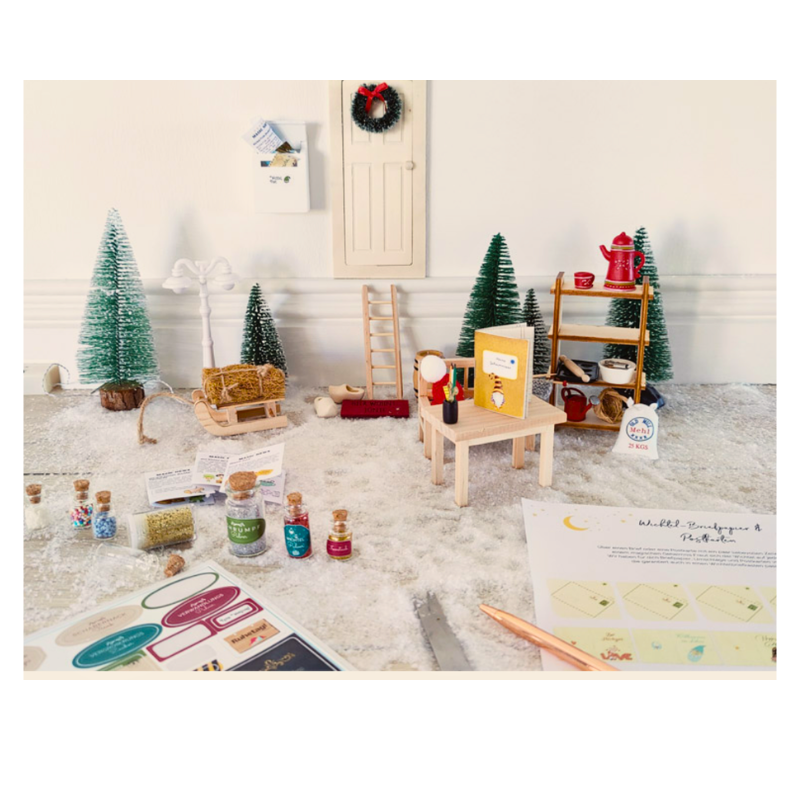 BLMINIATURES 1:12 - 1" Scale Dollhouse Miniature Season Decoration Christmas Miniature White Elf Door with Wreath, Snowy Christmas Trees, Street Lamp, Wooden Shelf with Teapot & Study Accessories
