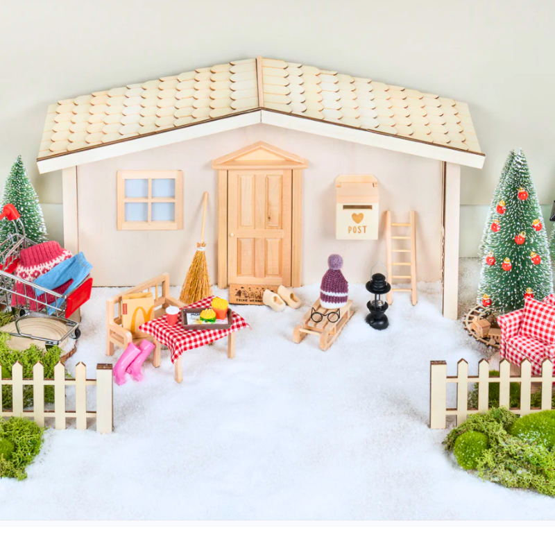 BLMINIATURES 1:12 - 1" Scale Dollhouse Miniature Season Decoration Christmas Miniature Light Wood Elf House with POST Mailbox, Snowy Christmas Trees, Dining Set, Shopping Cart, Sled & Sofa