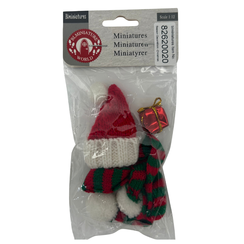 BLMINIATURES 1:12 - 1" Scale Dollhouse Miniature Season Decoration Christmas Set of 3 Miniature Christmas Knit Decor (Santa Hat, Striped Scarf & Gift Box)