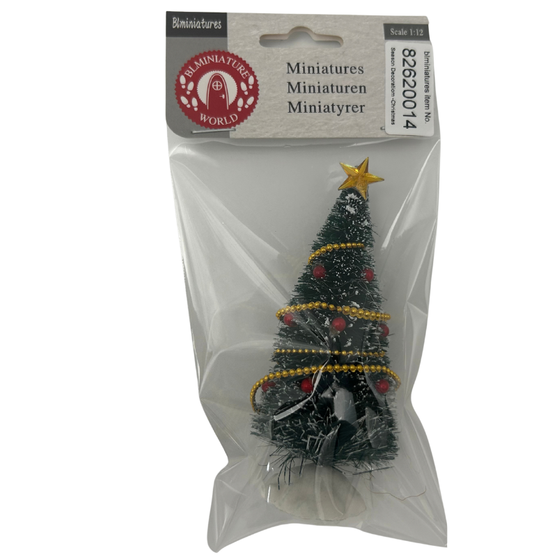 BLMINIATURES 1:12 - 1" Scale Dollhouse Miniature Season Decoration Christmas Miniature Decorated Christmas Tree (Gold Beads, Red Balls & Gold Star on White Base)