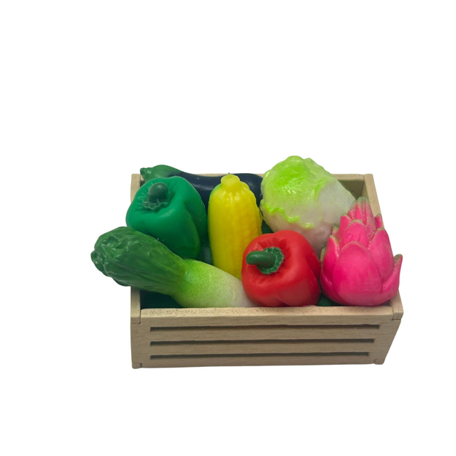 blminiatures 1:12 Scale Miniature Assorted Vegetable Crate - 7pcs Mixed Veggies with Wooden Crate, Realistic Dollhouse Vegetables for Kitchen, Grocery & Market Scene Decor
