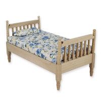 BLMINIATURES 1:12 - 1" Scale Dollhouse Miniature Season Decoration Christmas Miniature Bed with Blue Blanket (Natural Wood, 16.5 x 9 x 10cm)