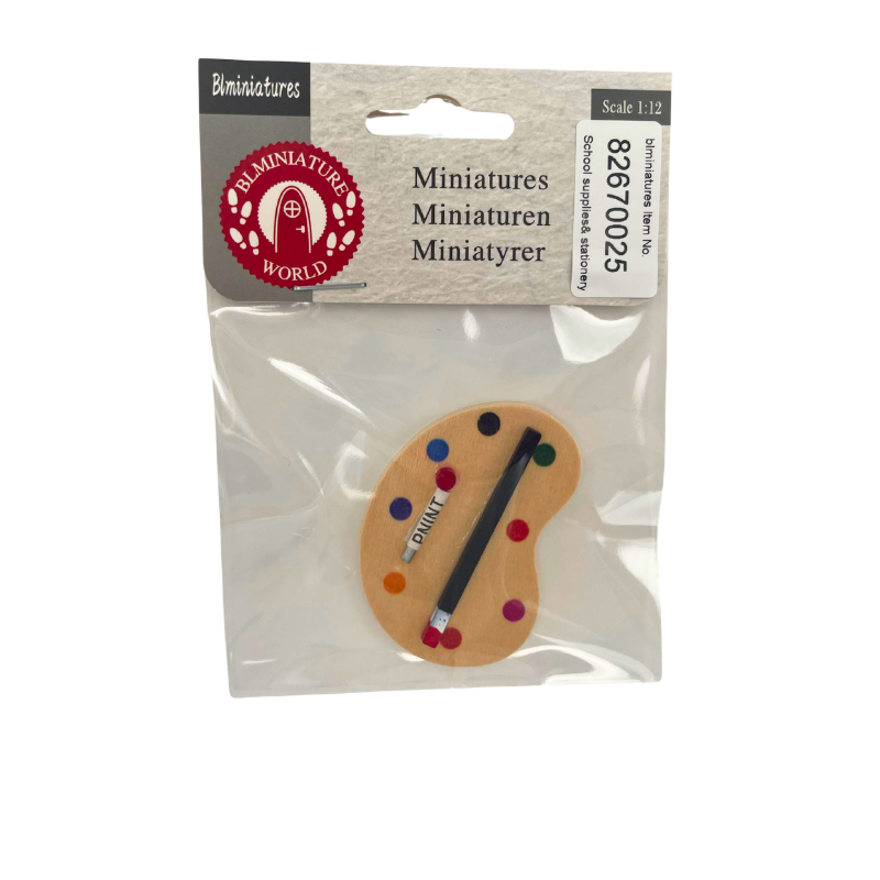 BLMINIATURES 1:12 - 1" Scale Dollhouse Miniature School Supplies & Stationery Miniature Wooden Paint Palette with Brush (Colorful Paint Dots)