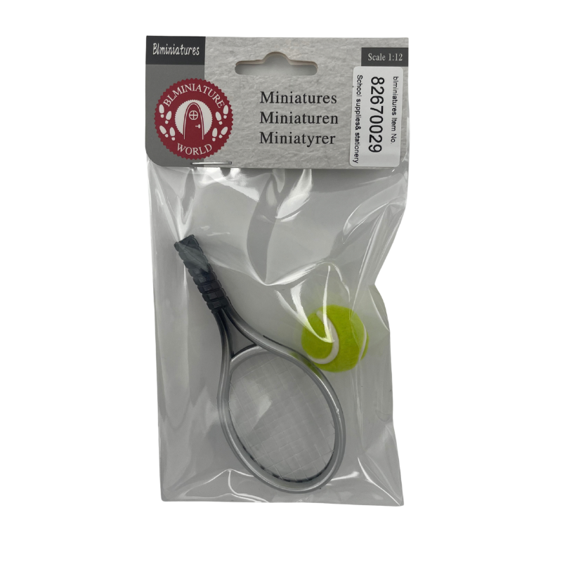 BLMINIATURES 1:12 - 1" Scale Dollhouse Miniature School Supplies & Stationery Miniature Tennis Racket with Tennis Ball (Silver-Gray Frame)
