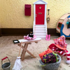 BLMINIATURES 1:12 - 1" Scale Dollhouse Miniature Season Decoration Christmas Miniature Red Front Door Housekeeping Scene with Ironing Board, Broom, Bucket, Laundry Baskets, Rain Boots & Camper