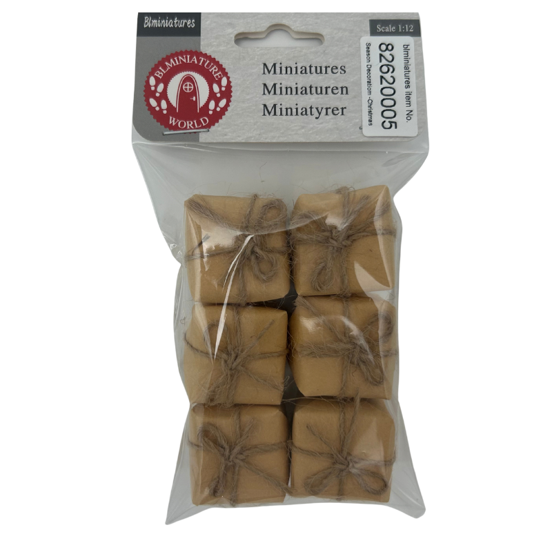 BLMINIATURES 1:12 - 1" Scale Dollhouse Miniature Season Decoration Christmas Set of 6 Miniature Kraft Paper Gift Boxes (Brown with Twine)