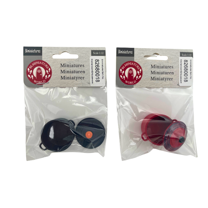 BLMINIATURES 1:12 - 1" Scale Kitchen Miniature Black and Red Covered Pots (Set of 2)
