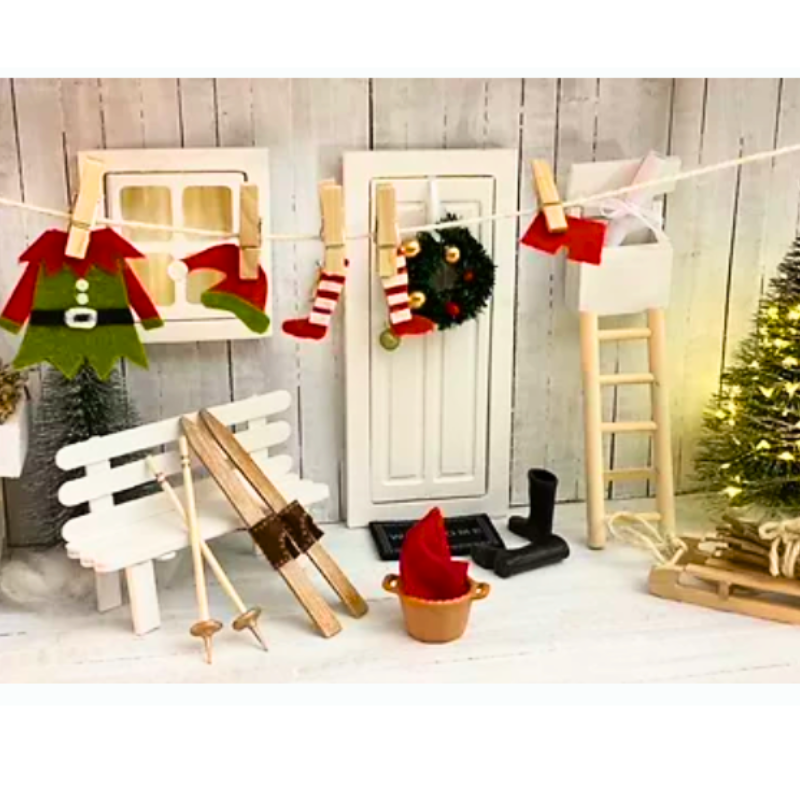 BLMINIATURES 1:12 - 1" Scale Dollhouse Miniature Season Decoration Christmas Miniature White Elf Door with Clothesline of Elf Outfits, Wooden Bench, Skis, Snow Sled & Lighted Christmas Tree