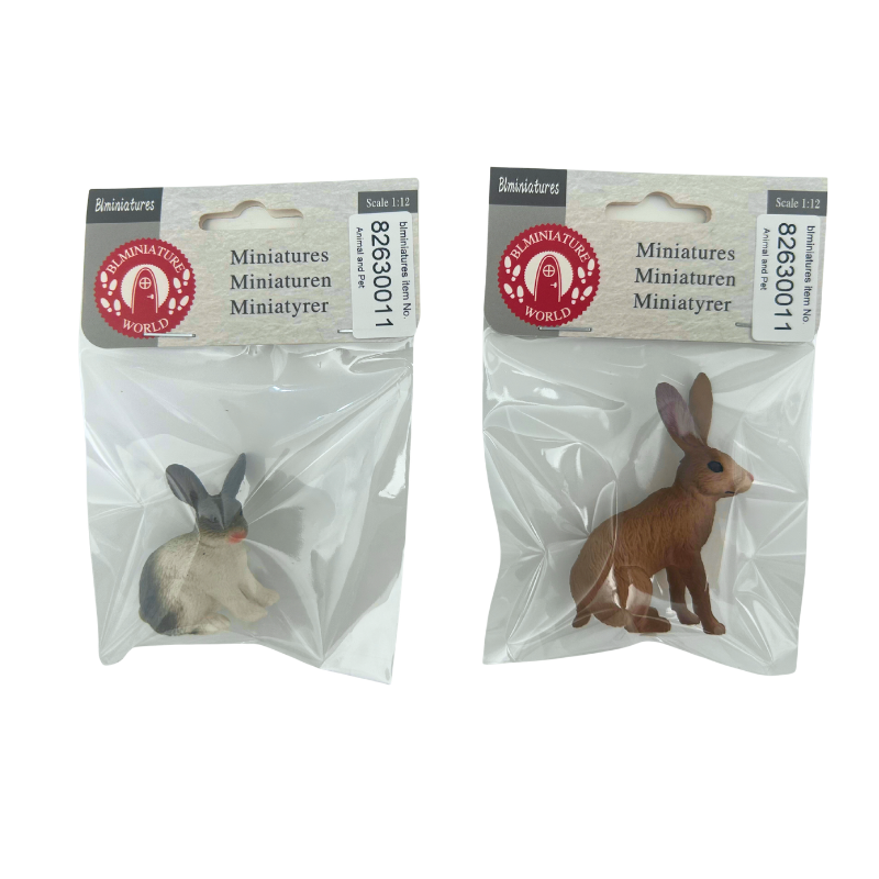 BLMINIATURES 1:12 - 1" Scale Dollhouse Miniature Animal & Pet Set of 2 Miniature Rabbits (Gray-White & Brown)