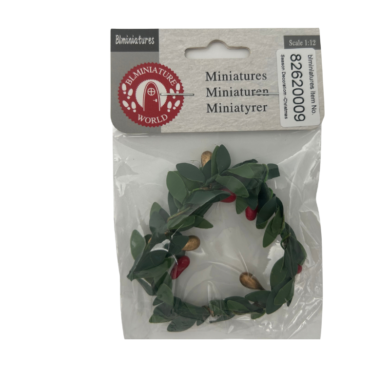 BLMINIATURES 1:12 - 1" Scale Dollhouse Miniature Season Decoration Christmas Miniature Christmas Wreath (Green Leaves with Red Berries & Gold Accents)