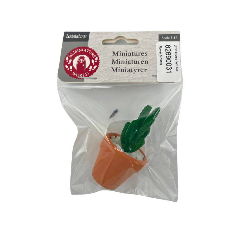 BLMINIATURES 1:12 - 1" Scale Dollhouse Miniature Green Cactus in Orange Pot with White Pebbles