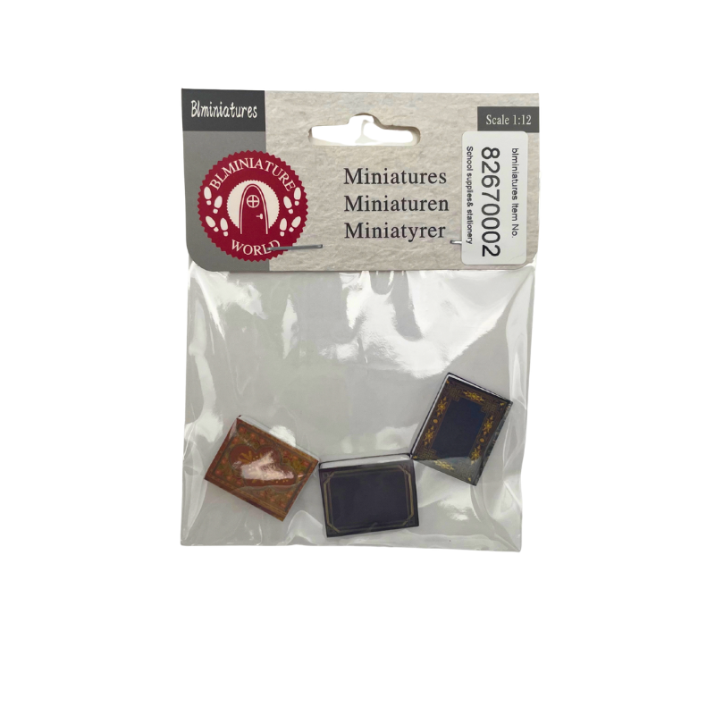 BLMINIATURES 1:12 - 1" Scale Dollhouse Miniature School Supplies & Stationery Set of 3 Decorative Patterned Cards & Plaques (Red-Brown Heart & Dark Gold Trim)