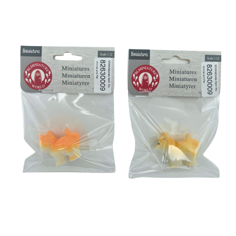 BLMINIATURES 1:12 - 1" Scale Dollhouse Miniature Animal & Pet Set of 2 Miniature Cat & Dog (Orange-White Cat, Yellow-White Dog)